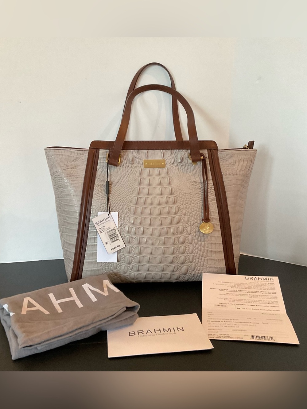 Brahmin Angora Vermeer Taupe w/Brown Trim Croc-Embossed Leather Tori Tote NEW